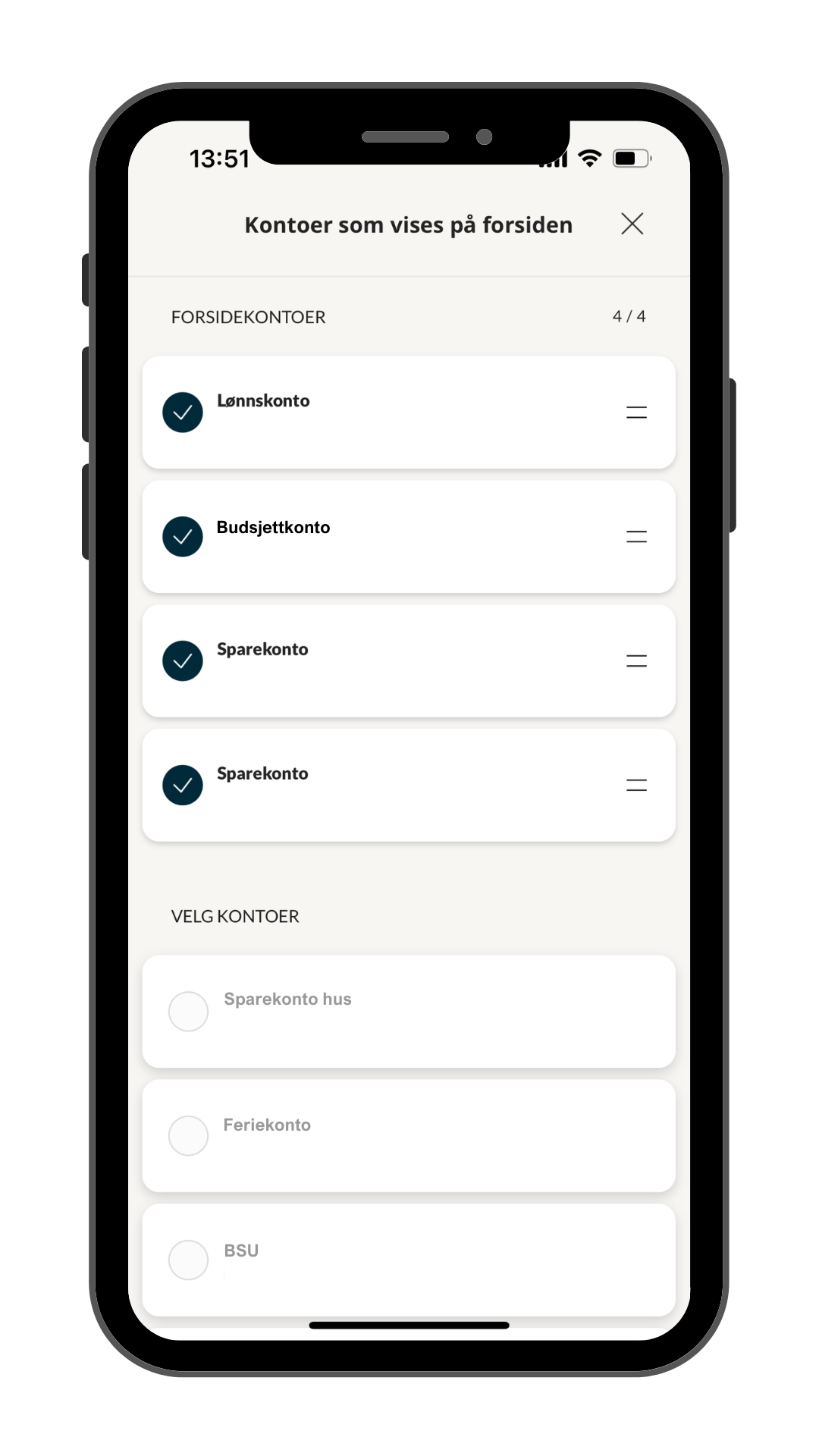 Bilde av mobilbank - Kontoer som vises på forside